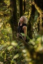 Brooding dreamy young girl blonde, black dress with a hood standing by a tree Royalty Free Stock Photo