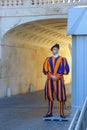 Brooding handsome soldier of famous Pontifical Swiss Guard in bright striped uniform and beret is guarding Vatican city gate.