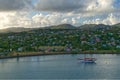 Sailboat moored at St. John`s Harbour, Antigua, West Indies on a shadowy morning