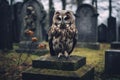 Brooding Owl sitting on cemetery stone tomb. Generate ai