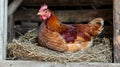 Broody hen sitting peacefully on a nest filled with straw in a rustic free range farmyard setting. Royalty Free Stock Photo