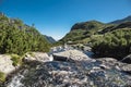 Brook in the high mountains valley. Water with stones natutal landscape. Blue sky in the background. Alpine style scenery