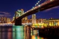 Brooklyn Bridge closeup over night in New York City Manhattan with lights Royalty Free Stock Photo