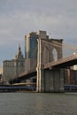 brooklyn bridge detail of manhattan side with hudson river new york city nyc (golden hour light) city hall Royalty Free Stock Photo