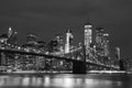 Brooklyn Bridge and Downtown Skyscrapers in New York, black and white Royalty Free Stock Photo