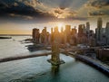 Brooklyn bridge at dusk at lower Manhattan skyline on the East River at New York, New York, USA Royalty Free Stock Photo