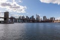 Brooklyn Bridge, East River and Lower Manhattan in Background. NYC Skyline. Dumbo. USA Royalty Free Stock Photo