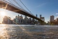 Brooklyn Bridge, East River and Lower Manhattan in Background. NYC Skyline. Dumbo. USA Royalty Free Stock Photo