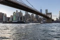 Brooklyn Bridge, East River and Lower Manhattan in Background. NYC Skyline. Dumbo. USA Royalty Free Stock Photo