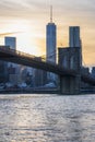 Brooklyn Bridge, East River, Lower Manhattan skyline, New York skyline at sunset, New York City Royalty Free Stock Photo