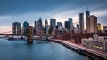 Brooklyn Bridge and the Financial District at dusk