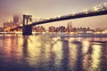 Brooklyn Bridge on a foggy night, New York, USA. Royalty Free Stock Photo