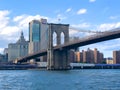 Brooklyn Bridge with Hudson river and Manhattan skyline, New York City downtown. Royalty Free Stock Photo