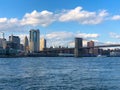 Brooklyn Bridge with Hudson river and Manhattan skyline, New York City downtown. Royalty Free Stock Photo