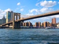 Brooklyn Bridge with Hudson river and Manhattan skyline, New York City downtown. Royalty Free Stock Photo