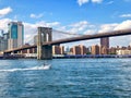 Brooklyn Bridge with Hudson river and Manhattan skyline, New York City downtown. Royalty Free Stock Photo