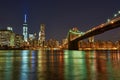 Brooklyn Bridge with lower Manhattan skyline at night Royalty Free Stock Photo