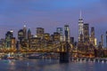 Brooklyn Bridge and Lower Manhattan skyline at night, New York city, USA. Royalty Free Stock Photo