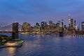 Brooklyn Bridge and Lower Manhattan skyline at night, New York city, USA. Royalty Free Stock Photo