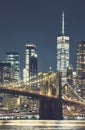 Brooklyn Bridge and Manhattan at night, color toned picture, New York City, US Royalty Free Stock Photo