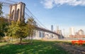 Brooklyn Bridge and Manhattan skyline as seen from Brooklyn Bridge Park, New York City - NY -USA Royalty Free Stock Photo