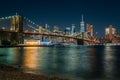 The Brooklyn Bridge and Manhattan skyline at night, from DUMBO, Brooklyn, New York City Royalty Free Stock Photo