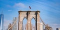 Brooklyn bridge in New York. Architecture of historic bridge in Brooklyn. Brooklyn bridge of New York city. New York