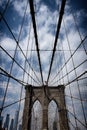 Brooklyn bridge in New York City. Close-up view.