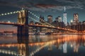 Brooklyn bridge and New York City Manhattan downtown skyline at dusk with skyscrapers illuminated over East River Royalty Free Stock Photo