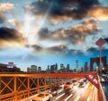 Brooklyn Bridge at night with car traffic Royalty Free Stock Photo