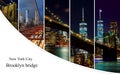 Brooklyn Bridge over East River at night in New York City photo collage from different picture Manhattan with lights and reflectio Royalty Free Stock Photo