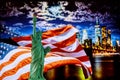 Brooklyn Bridge and The Statue of Liberty at Night, New York City Royalty Free Stock Photo