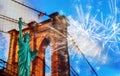 Brooklyn Bridge, tribute in light and The Statue of Liberty at Night Lights, New York City Royalty Free Stock Photo