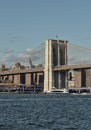 brooklyn bridge view over hudson river with nyc skyline background (urban cityscape of manhattan) Royalty Free Stock Photo