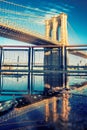 Brooklyn bridge at waterfront in downtown Manhattan, New York City