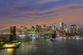 Brooklyn Bridge and Lower Manhattan skyline at night, New York city, USA. Royalty Free Stock Photo