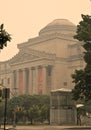 brooklyn museum in haze from wildfire smoke (soot and smog pollution from fires) yellow sky