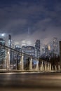 The iconic footbridge, Squibb Park Bridge, in Brooklyn Heights looking towards One World Trade