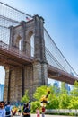 Brooklyn, New York, USA - May 19, 2019: Brooklyn Bridge across East River to Low Manhattan New York