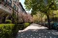 Residential neighborhood of Park Slope, Brooklyn. Brownstones with front yards and sidewalk Royalty Free Stock Photo