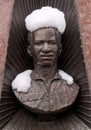 Tribute statue to Ronald McNair, NASA astronaut who died in the Space Shuttle Challenger launch, covered in snow