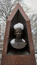 Tribute statue to Ronald McNair, NASA astronaut who died in the Space Shuttle Challenger launch, covered in snow