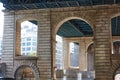 The granite structural supports of the Manhattan bridge on Pearl St in the Dumbo neighborhood of Brooklyn, NYC