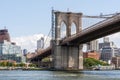 Landscape view of the Brooklyn Bridge, Fulton Ferry landing and the River Cafe on the East