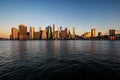 Horizontal panoramic sunrise view of ManhattanÃ¢â¬â¢s financial district seen across the East