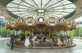 Closeup view of Jane`s Carousel, a carved, wooden, 48-horse carousel, in Brooklyn Bridge Park