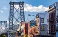 Brooklyn street scene with block of buildings near the Williamsburg Bridge in New York City