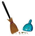 Broom and blue dustpan , vector or color illustration