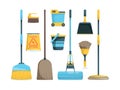 Broom collection. Household equipment mops and brooms for floor home hygiene vector cartoon pictures