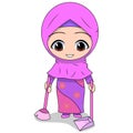 Broom. cute Muslim children`s cartoon. cartoon Children`s daily fun activity. Vector Female Cartoon Character. childrens story